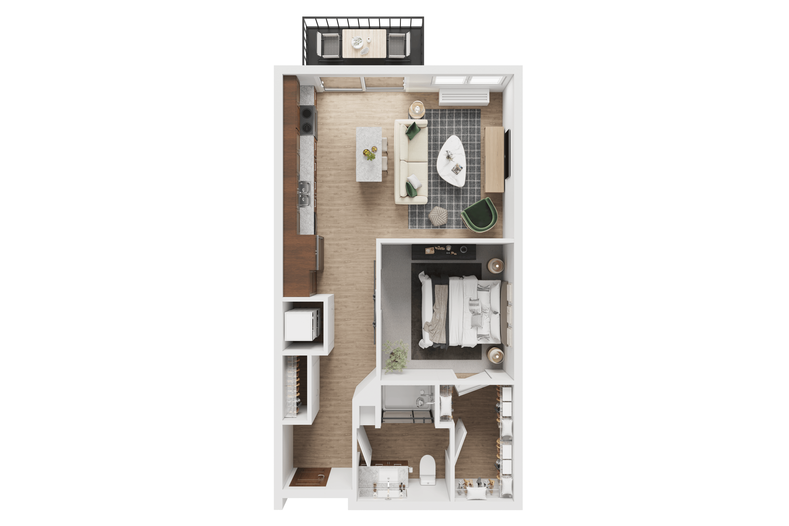 Floor plan for 1 bed, 1 bath, 651 sqft